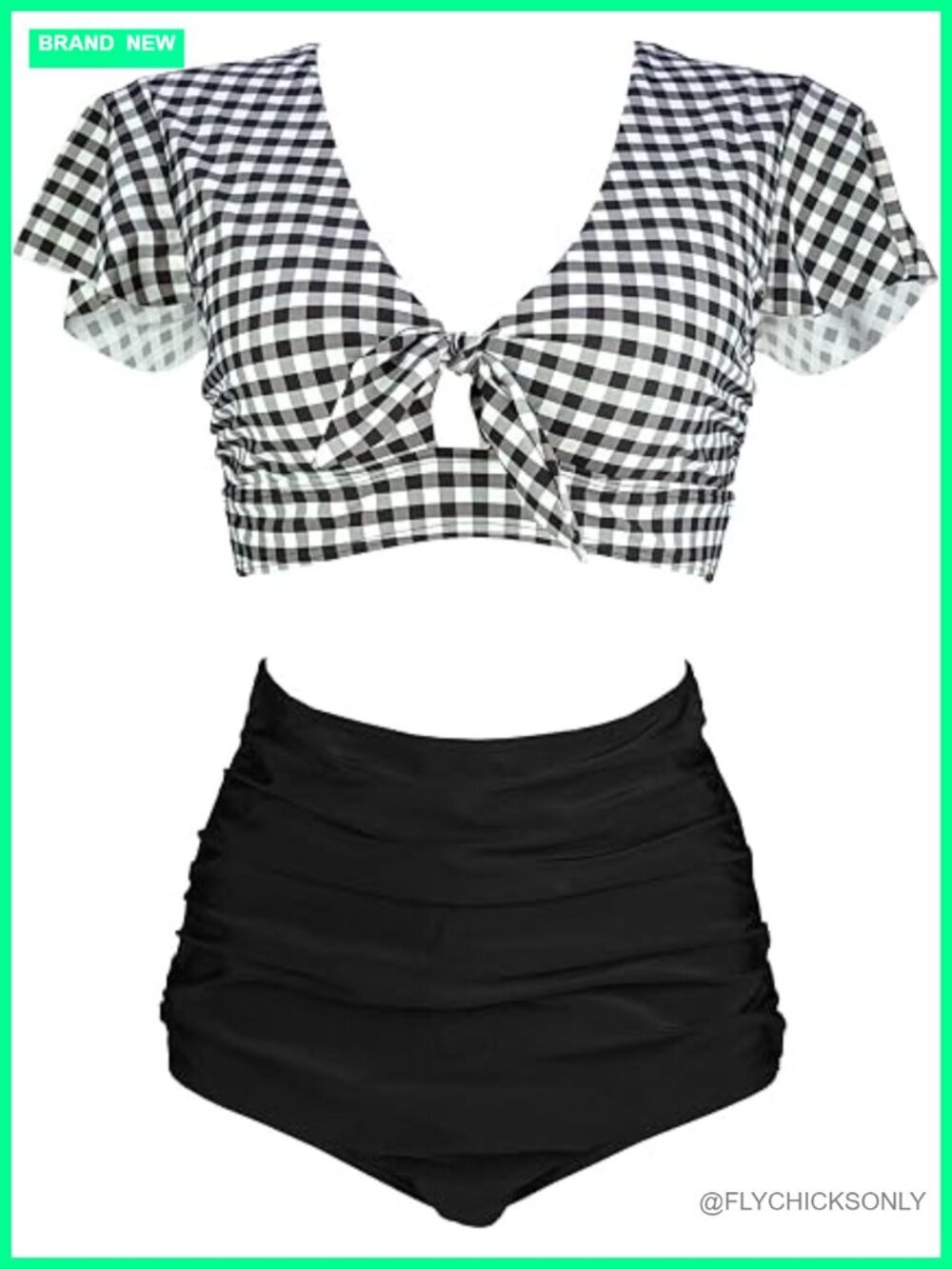 Retro Ruched Ruffle High Waist Two Piece Bikini Set Tie Front Knot Top